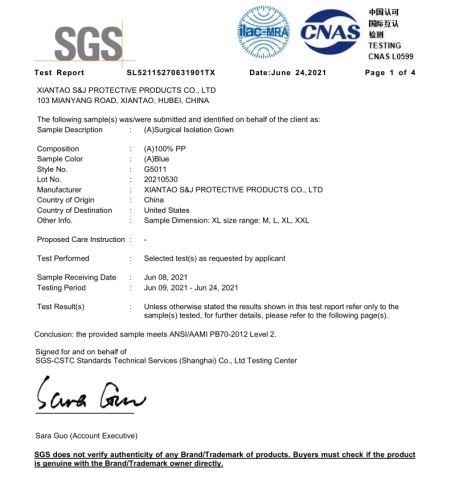 SGS certificate from Xiantao S&J Protective Products Co., Ltd.