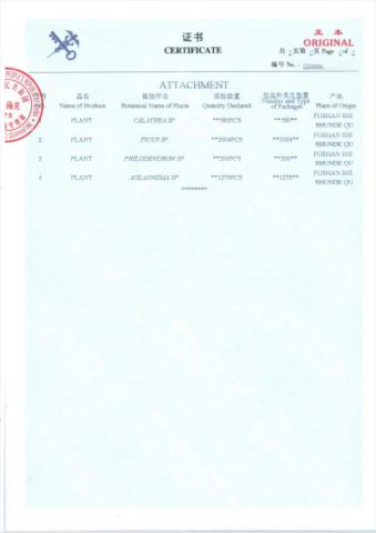 Phytosanitary certificates certificate from Foshan Jingling Import and Export Trade Co., Ltd.