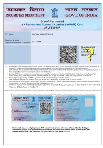 Company PAN CARD certificate from Shidhin Agrotech LLP