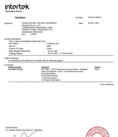 stroller 286 certificate from Kunshan Longlide Import and Export Co., Ltd.