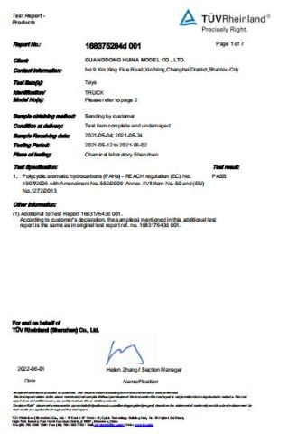 PAHS certificate from Shantou Cy Hobby Toy Factory