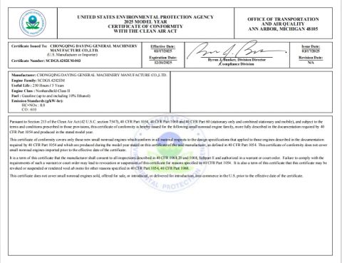 EPA003 certificate of Chongqing Daying General Machinery Manufacture Co., Ltd. – certificate photo, supplier certificates section
