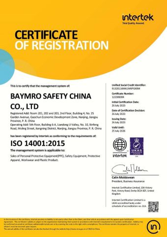 ISO 14001 certificate from Baymro Safety China Co., Ltd.