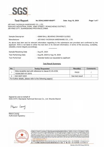 45mm drawer slide SGS test certificate certificate from Jieyang Yaoshun Hardware Co., Ltd.