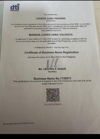 Department of Trade and Industry certificate from Lekker Agri Trading