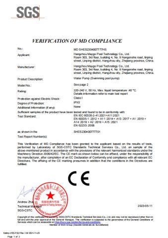 CE-1 certificate from Hangzhou Maygo Pool Technology Co., Ltd.