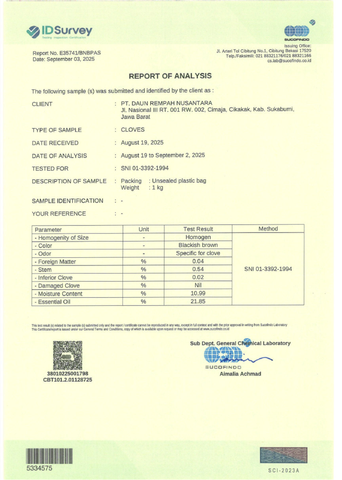 Reports of analysis certificate from Nusa Moruun Trust