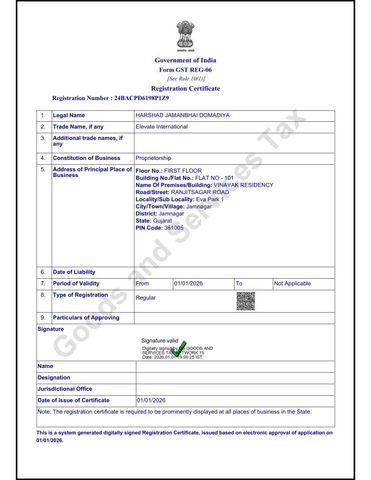 GST certificate from Elevate International