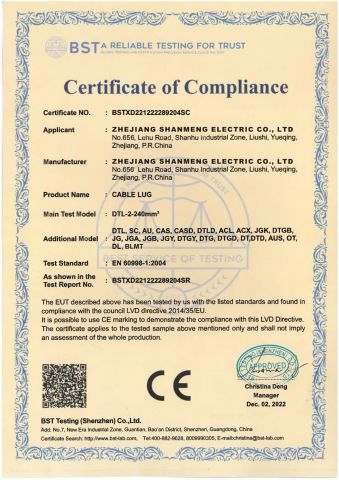 CE certification certificate from Zhejiang Shanmeng Electric Co., Ltd.