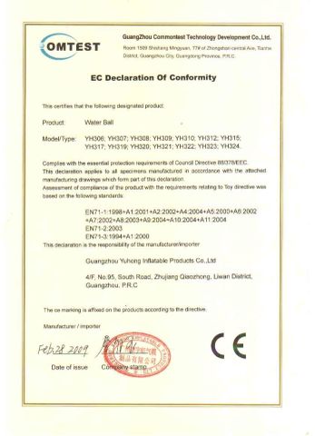 water ball CE certificate from Guangzhou Caixin Inflatable Products Co., Ltd.