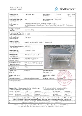 TUV product test report certificate from Foshan Nanhai Epe Truss Stage Equipment Co., Ltd
