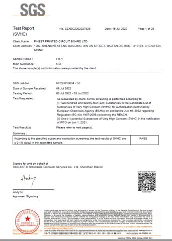 OSP REACH test report certificate from Finest Printed Circuit Board Ltd.