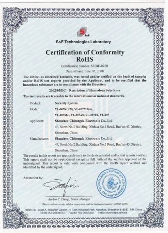 RoHS Certificate certificate from Shenzhen Chitongda Electronic Co., Ltd.
