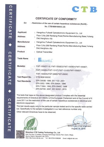 Optical Transmitte RoHs certificate from Hangzhou Fullwell Optoelectronic Equipment Co., Ltd.