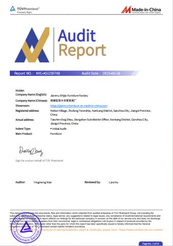 TUV factory on-site certification certificate of Jianmu Shijia Furniture Factory – certificate photo, supplier certificates section