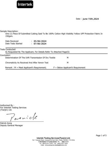 EN20471 High Visibility Test Certificate certificate from Shanghai July Textile Co.,Ltd