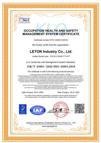 ISO 45001 certificate from Sichuan Leton Industry Co., Ltd