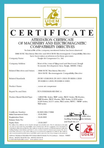 CE for compressor certificate from Tianjin Great Air Compressor Co., Ltd.