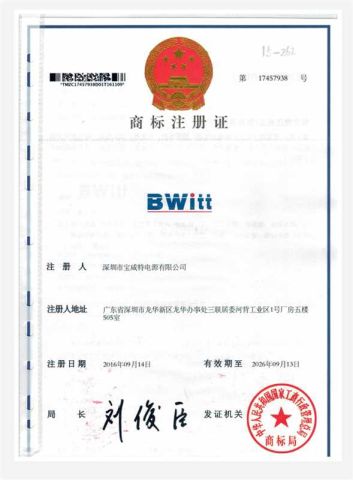 Trademark Registration Certificate certificate from Shenzhen Bwitt Co., Limited