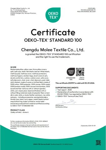 oeko certificate certificate of Chengdu Molee Textile Co., Ltd. – certificate photo, supplier certificates section