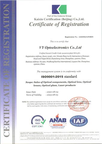 ISO9001 certificate from VY Optoelectronics Co., Ltd.