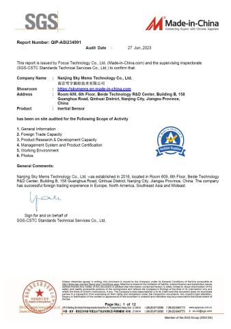 SGS certificate certificate from Nanjing Sky Mems Technology Co., Ltd.