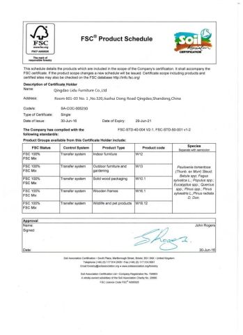 FSC certificate from Qingdao Lidu Furniture Co., Ltd.