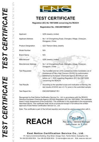 Reach Test certificate of Dongguan Guanzhiniu Jewelry Co., Ltd. – certificate photo, supplier certificates section