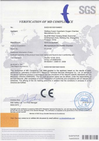 CE Certificate certificate from Weifang Huaxin Hyperbaric Oxygen Chamber Manufacture Co., Ltd.