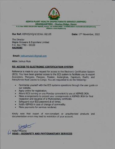 ECS certificate from Maple Grower's & Exporters Ltd