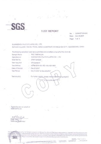 PVC UV ageing certificate certificate from Liping Outdoors Manufactory Ltd.