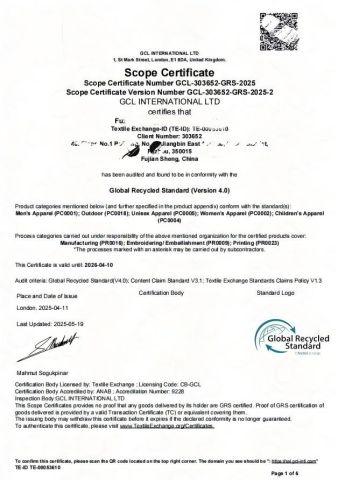 GRS CERTIFICATION certificate from Fuzhou Voshine Garments Co., Ltd.