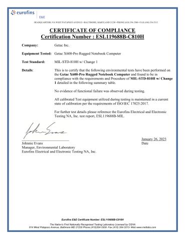 X00Pro MIL-STD-810H certificate from Beijing Jianianhuaye Technology Co., Ltd