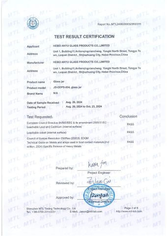 EU Food Contact Certificate certificate from Hebei Anyu Glass Products Co., Limited