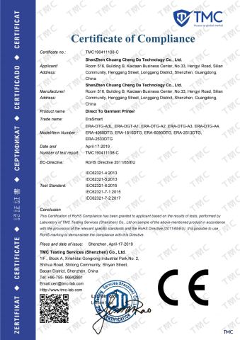 DTG Printer ROSH Certification certificate from Shenzhen Chuang Cheng Da Technology Co., Ltd.