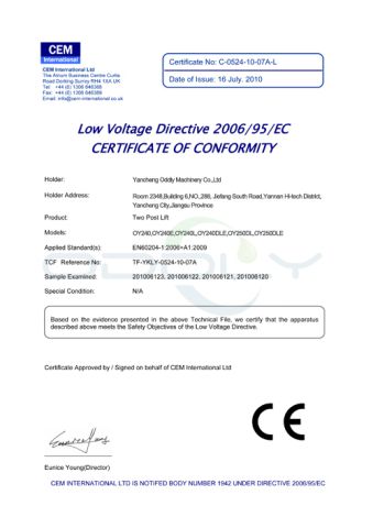 Two Post Car Lift certificate of Yancheng Oddly Machinery Co., Ltd. – certificate photo, supplier certificates section