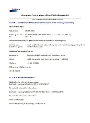 C5 MSDS certificate from GUANGDONG SUNION CHEMICAL&PLASTIC CO., LTD.