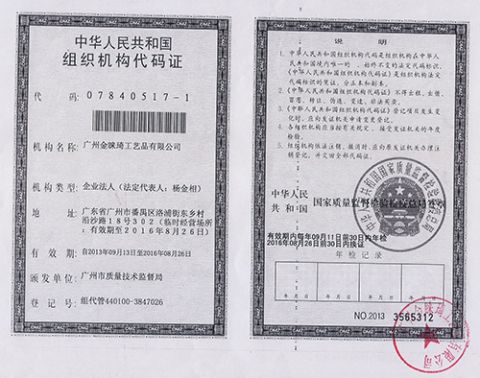 organization code certificate from Guangzhou Kinglaiky Industrial Ltd.,