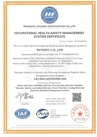 ISO 45001 certificate from Pennint Co., Ltd.