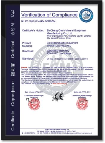 CE certificate from Shicheng Oasis Mineral Equipment Manufacturing Co., Ltd.
