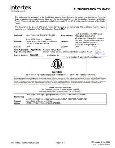 ETL for Integated Fixture certificate of Lutou Technology (Shenzhen) Co., Ltd. – certificate photo, supplier certificates section