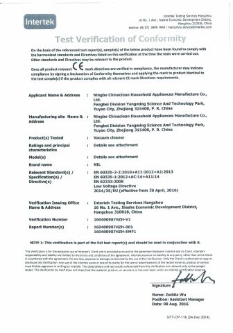 CE-LVD CERTIFICATION certificate of NingBo ChinaClean Household Appliances Manufacture Co., Ltd. – certificate photo, supplier certificates section