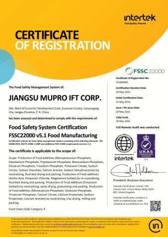 FSSC certificate of JIANGSU MUPRO IFT CORP. – certificate photo, supplier certificates section