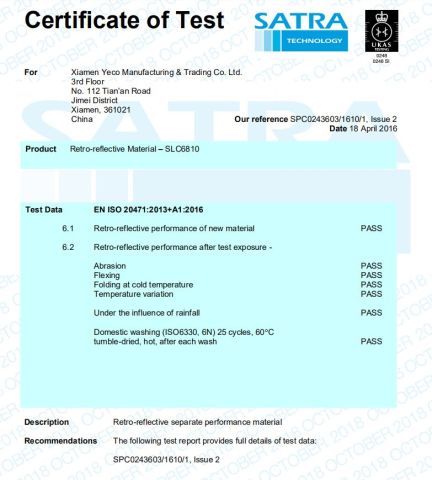ENISO 20471 certificate certificate from Xiamen Crownway Apparel Co., Ltd.