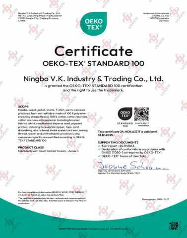 Oeko-Tex standard 100 certificate from Ningbo V. K. Industry and Trading Co., Ltd.