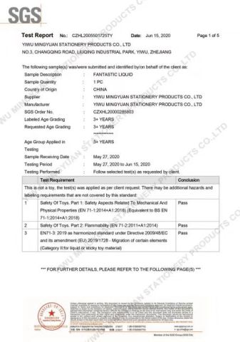test certificate from Yiwu Mingyuan Stationery Products Co., Ltd.