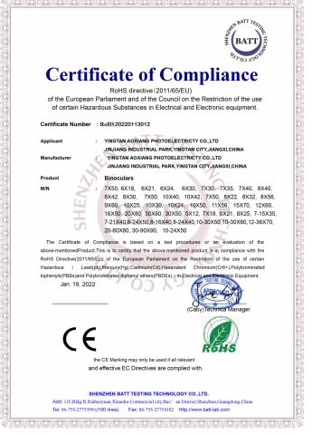 RoHS certificate from YINGTAN CITY AOXIANG OPTICS CO., LTD.