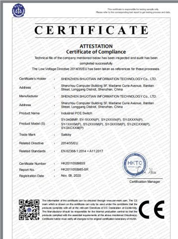 Industrial Switch CE LVD certificate from Shenzhen Shuotian Information Technology Co., Ltd.