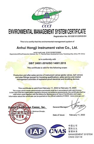 Environmental management system certificate certificate from Anhui Hongji Instruments & Valves Manufacturing Co., Ltd.