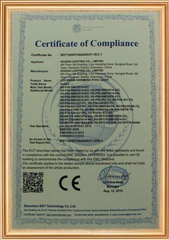 CE-PAR56 certificate from Shenzhen Huaxia Lighting Co., Limited
